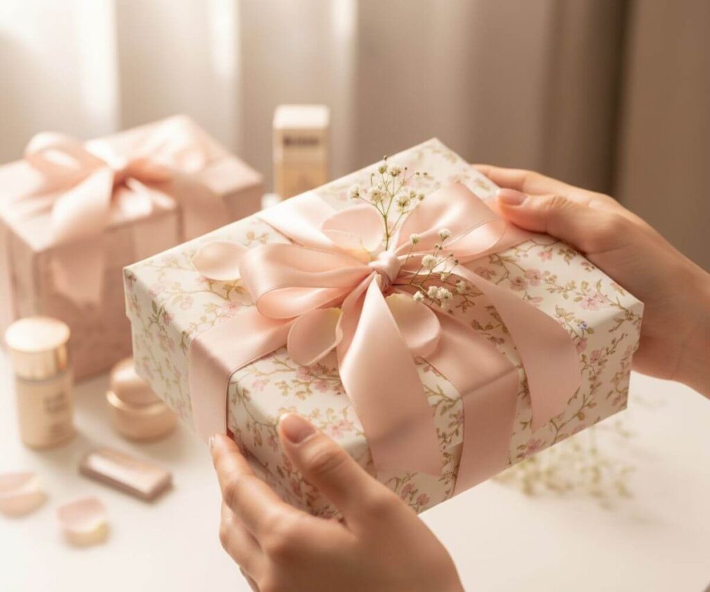 リボン付きギフトボックスを持つ手元・女子高校生の誕生日プレゼント3000円