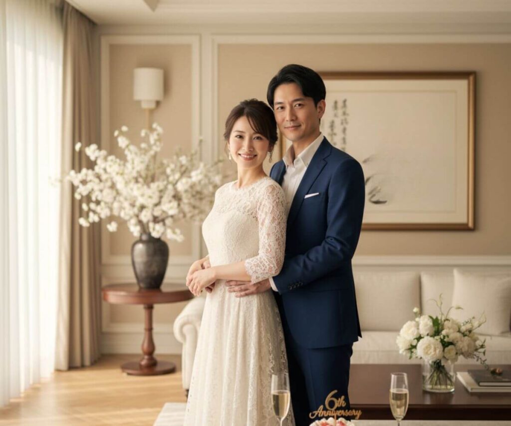 結婚6周年の鉄婚式を祝う夫婦が笑顔で寄り添う記念日の風景