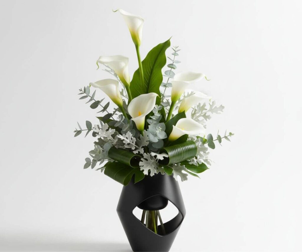 結婚6年目の記念花である白いカラーの花束とシルバーリーフのエレガントなアレンジメント