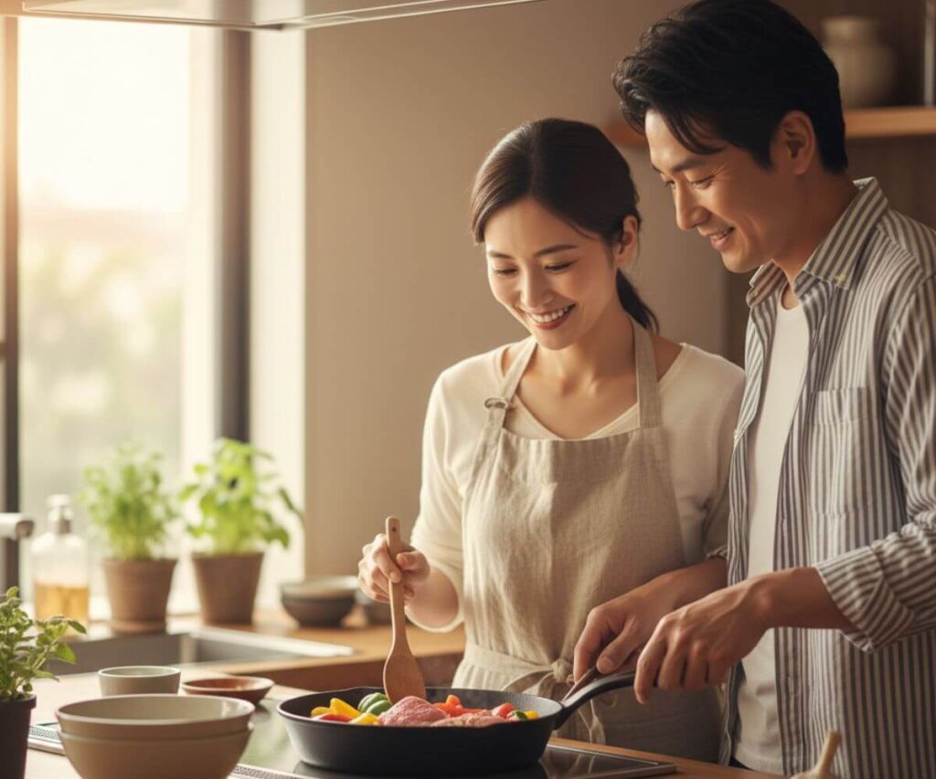 鉄婚式のプレゼントに最適な鉄製フライパンで料理をするカップルの温かい食卓風景