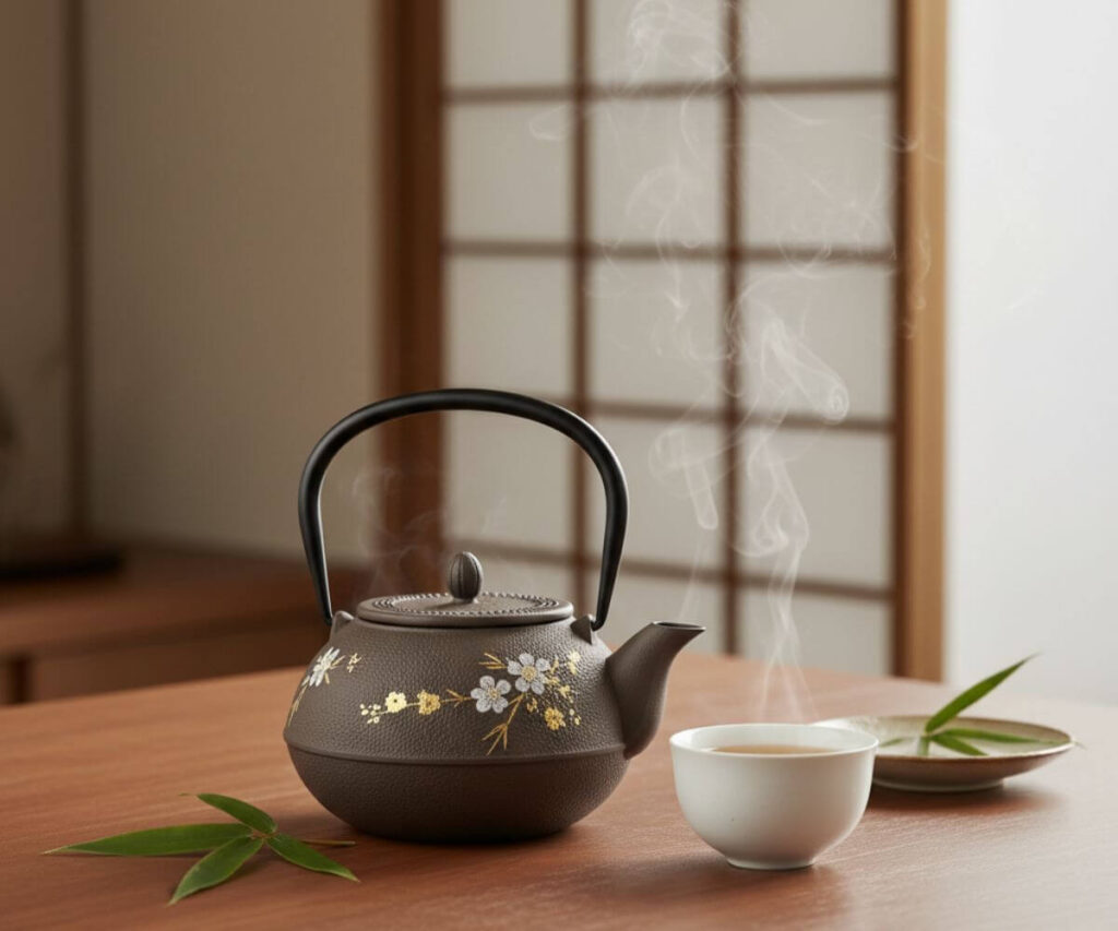 岩手県の伝統工芸品である南部鉄器のカラー急須でお茶を楽しむ和の風景