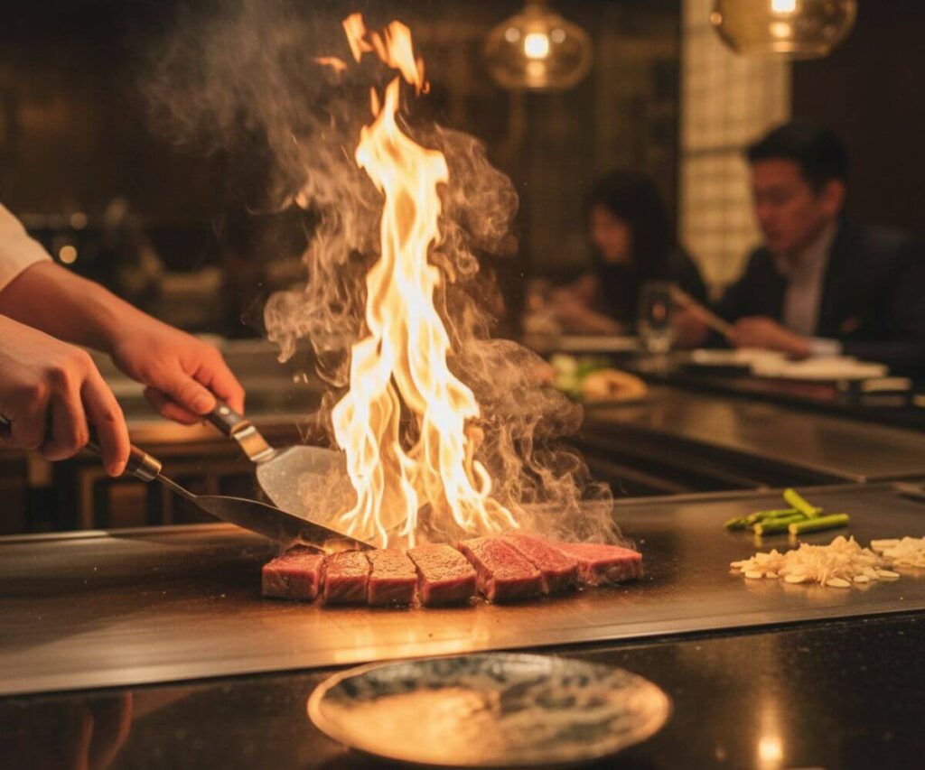 鉄婚式を祝う高級鉄板焼きレストランで和牛が調理される記念日ディナーの臨場感ある風景