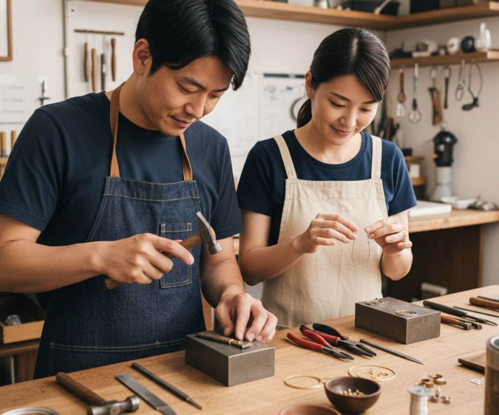 鉄婚式の記念に金属アクセサリーを制作するカップルのワークショップ体験風景