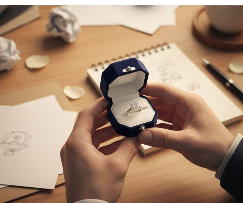 婚約指輪の箱と準備中の男性の手元、プロポーズの計画を立てているシーン