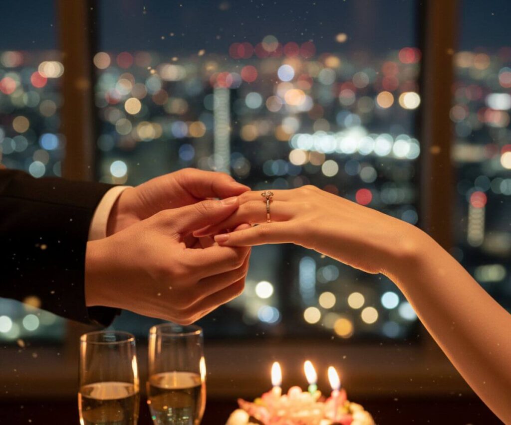 高級レストランの個室でディナーを楽しむ日カップル、プロポーズに適した雰囲気の空間