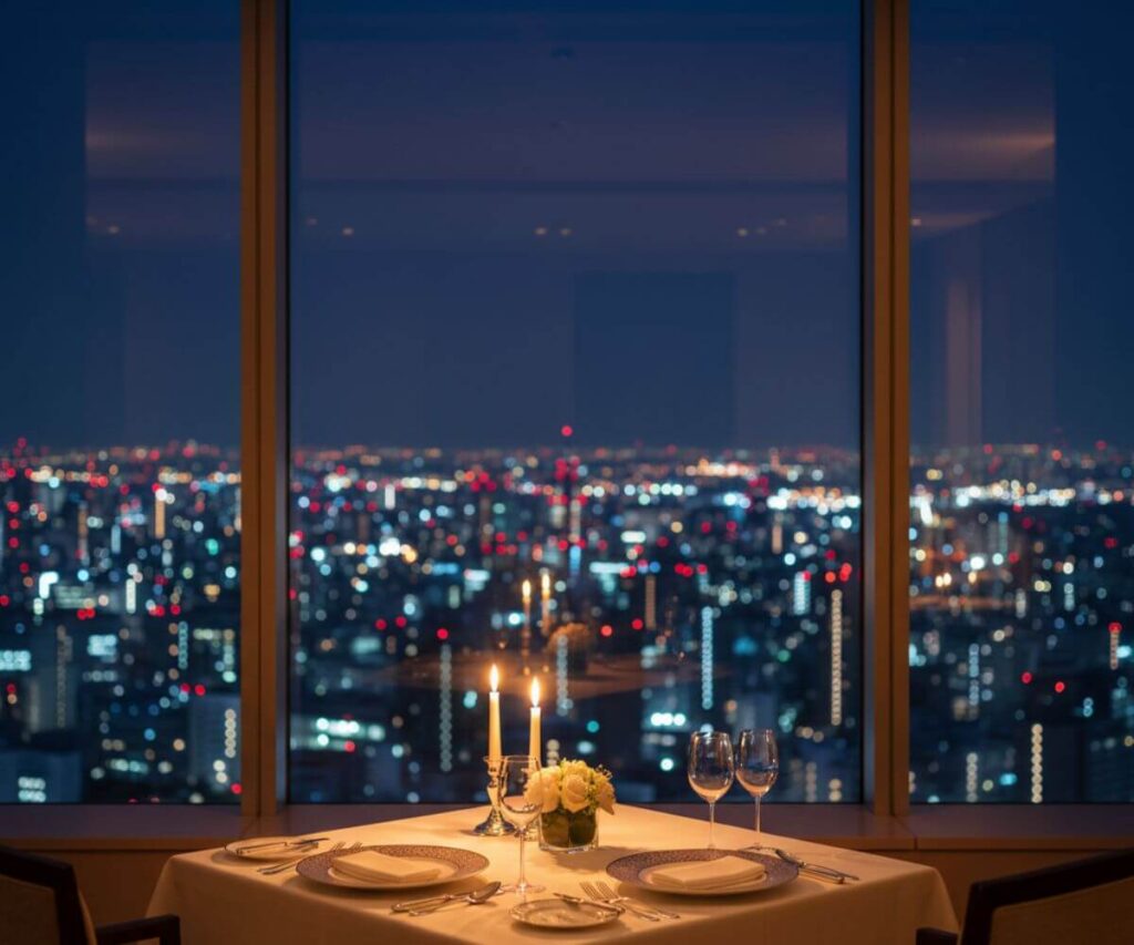 高層ホテルの窓際席から見える東京の美しい夜景、ロマンチックなディナーテーブルセッティング