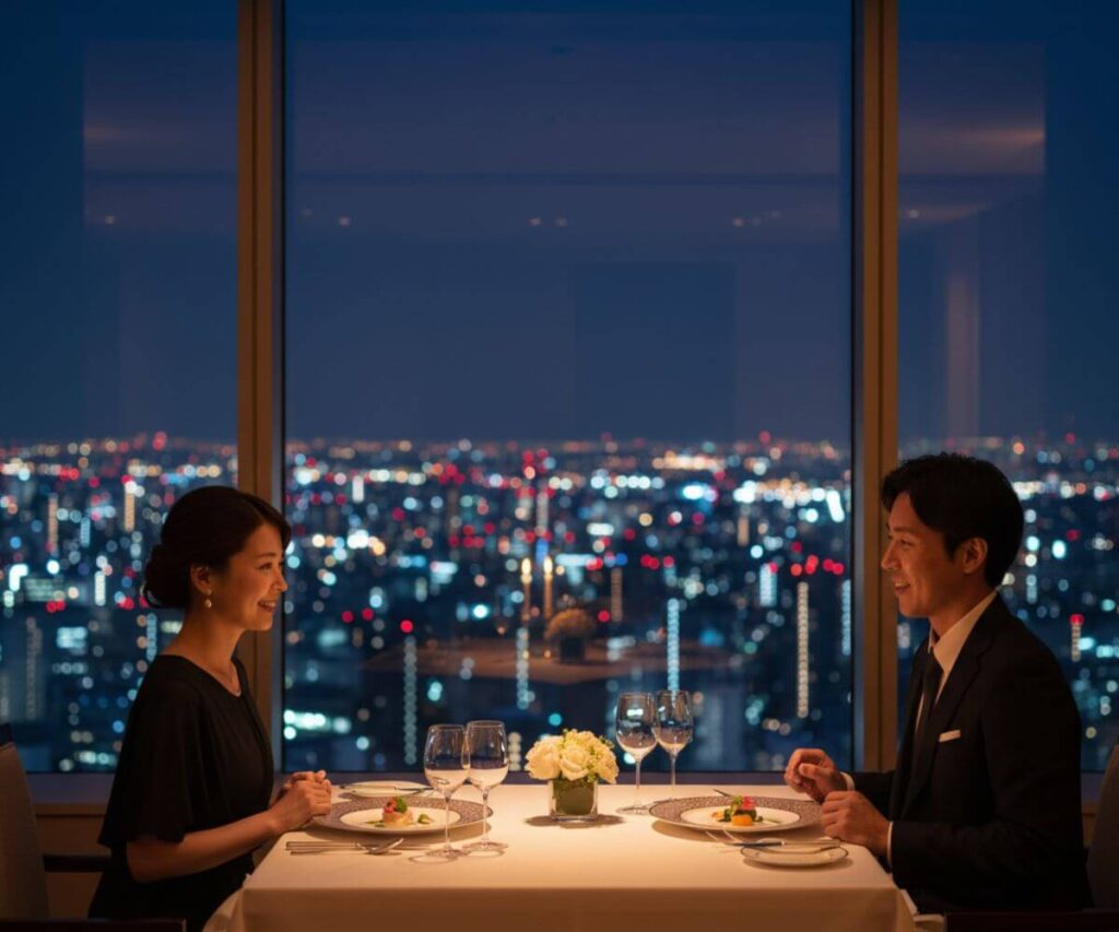 高級レストランの個室でディナーを楽しむカップル、プロポーズに適した雰囲気の空間