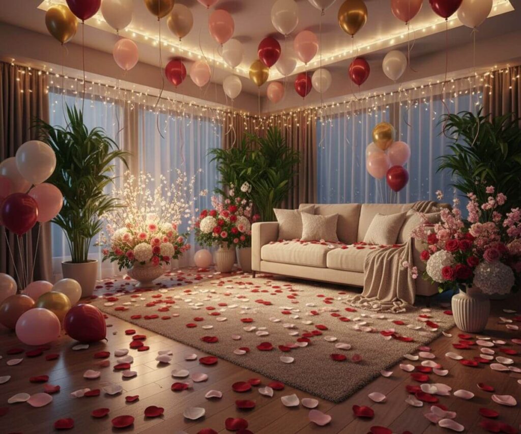 バルーンや花で美しく飾り付けられた自宅リビング、プロポーズのためのサプライズ演出
