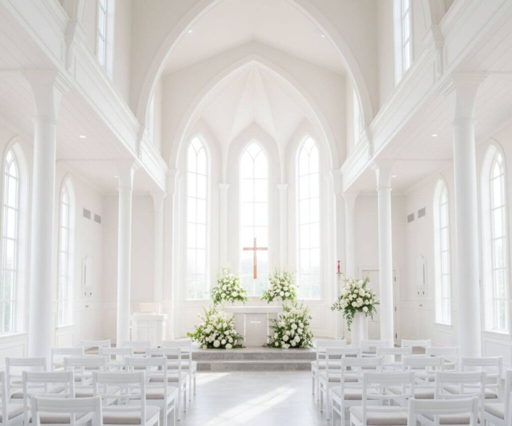 ロマンチックなチャペル内部、白を基調とした神聖な雰囲気のプロポーズ空間