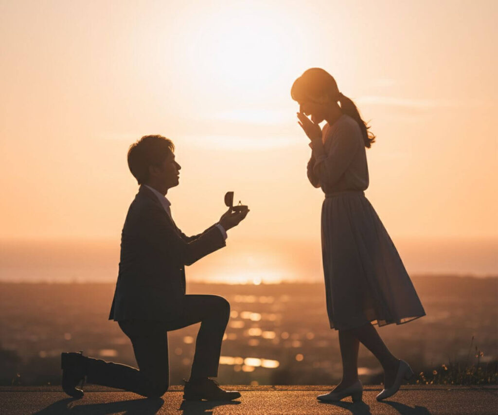 プロポーズで膝をついて婚約指輪を差し出す男性と感動する女性のシルエット