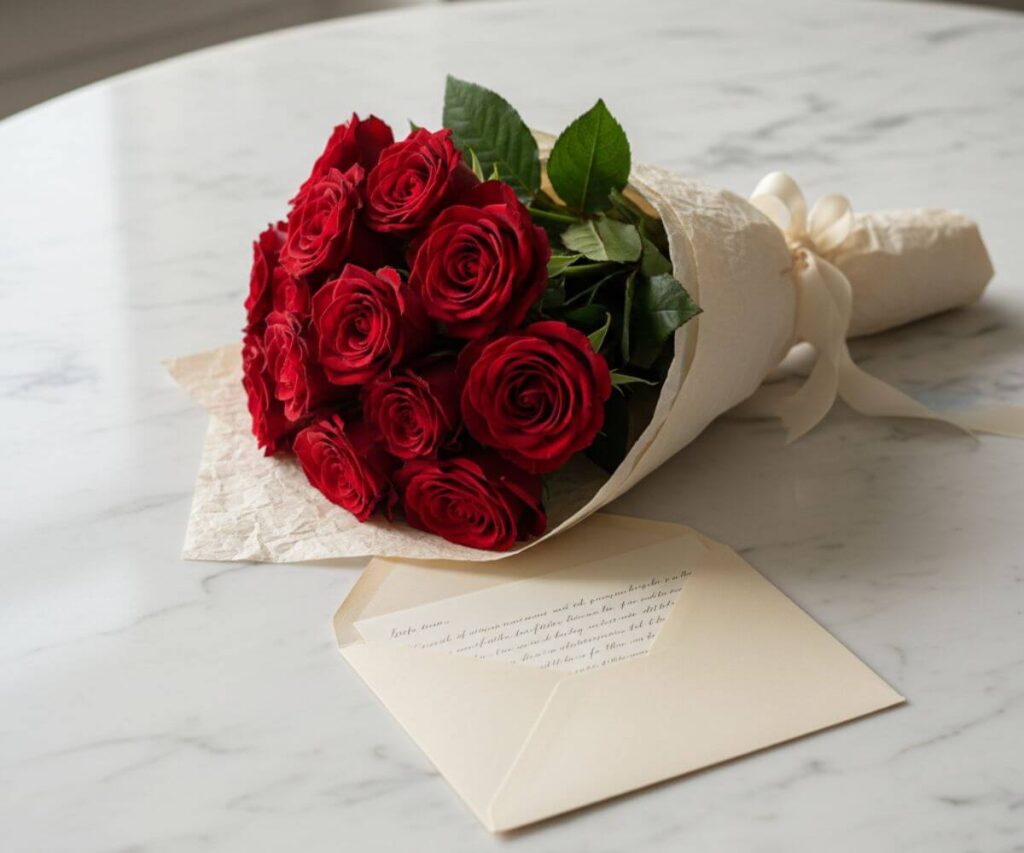 赤いバラの花束と手紙、プロポーズに添えるロマンチックなプレゼント