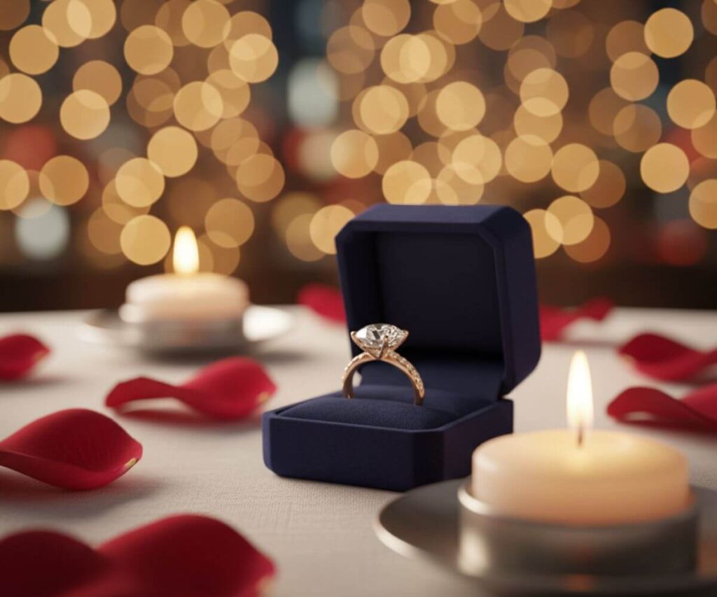 高層ホテルの窓際席から見える東京の美しい夜景、ロマンチックなディナーテーブルセッティング