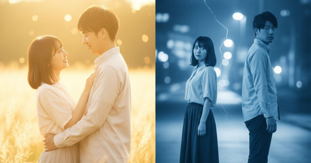 本物のツインレイと偽ツインレイの違いを表すスピリチュアルなイメージ