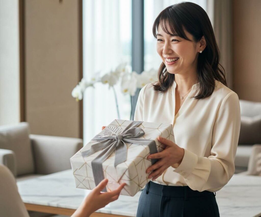 40代女性が高級ギフトを受け取り喜ぶ様子