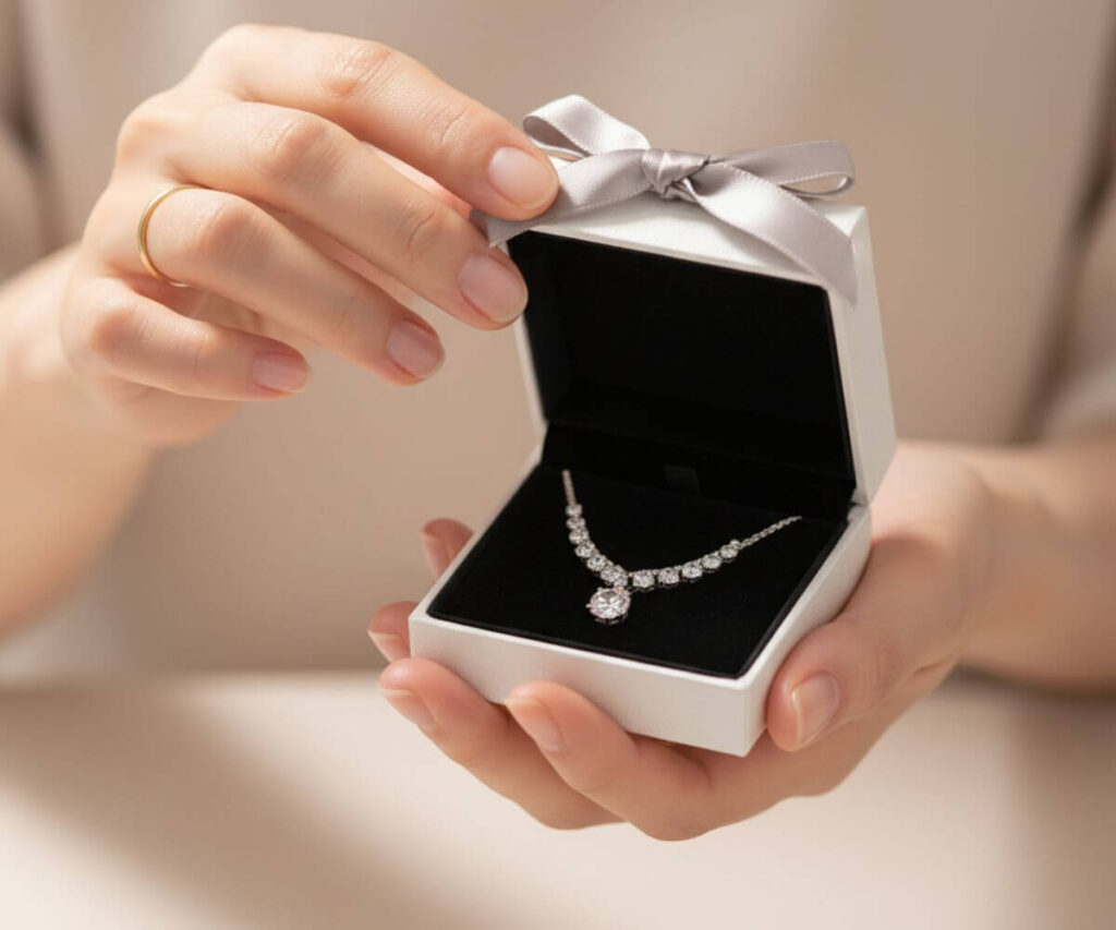 シンプルで洗練された構図。ジュエリーという人気カテゴリーにフォーカス。感情的な瞬間を表現