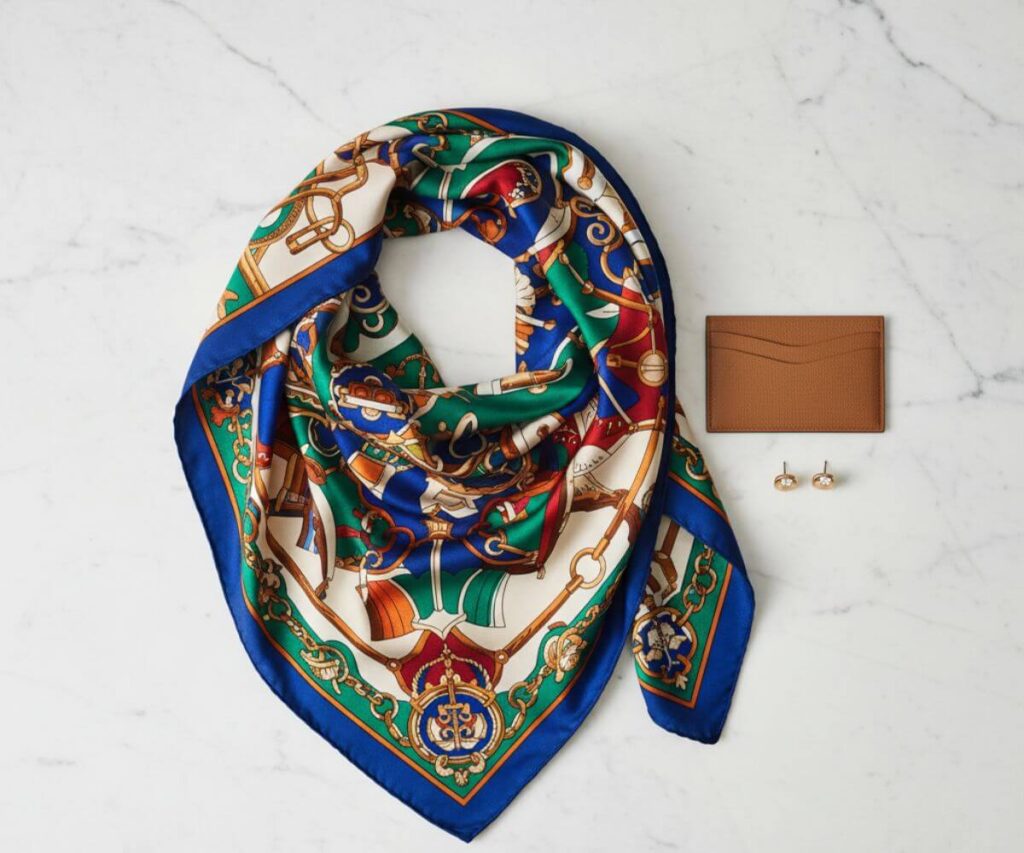 高級ブランドのシルクスカーフと小物アクセサリーの上品なディスプレイ