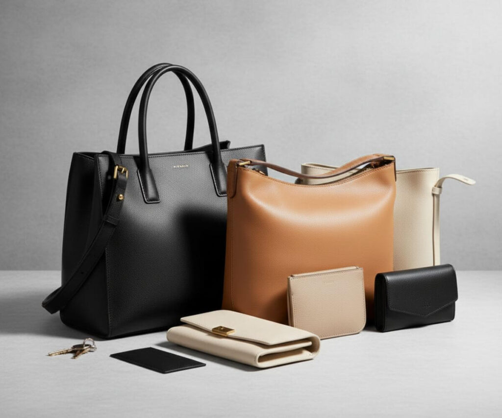 ロエベやセリーヌ風の高級レザーバッグと財布のコレクション