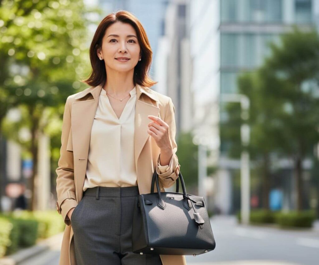 エレガントな高級レザーバッグを持つ洗練された40代女性