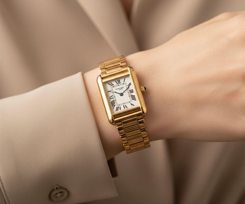 カルティエ風の高級腕時計を身につける女性の手元アップ