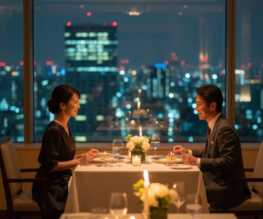 高級ホテルレストランで誕生日ディナーを楽しむ40代夫婦