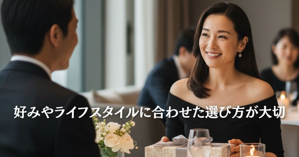 夫婦の絆と特別な日の雰囲気を表現。体験型ギフト（ディナー）の要素も含む。