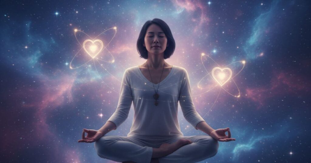 
柔らかな星雲の雲と星屑で満たされた平和な宇宙空間に瞑想のポーズで浮かぶ20代後半の穏やかな日本人女性。二つの微かに輝くハートチャクラまたは魂のシンボルが彼女の周りを回り、繊細な光の糸で繋がれており、サイレント期間のツインフレームを表現している。彼女の表情は穏やかで平和的で、受容とスピリチュアルな成熟を示している。何も感じないながらも魂のレベルで深く繋がっているというテーマを伝えるシーン。深いブルー、パープル、柔らかなピンクの神秘的で夢のような美学。