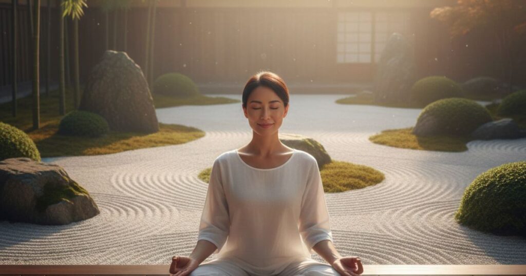 執着を手放し魂の覚醒を迎える瞑想中の女性