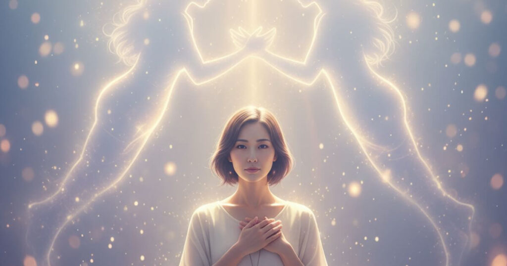 大きな窓辺に一人で座り、外の静かな湖の景色を物思いにふけって眺めている20代後半の穏やかな日本人女性。柔らかな自然光が差し込み、瞑想的な雰囲気を作り出している。女性は長い黒髪で、快適なニュートラルトーンのセーターを着ている。情緒的な静けさと内省の感覚を伝えるシーン、落ち着いた色調と平和な雰囲気。