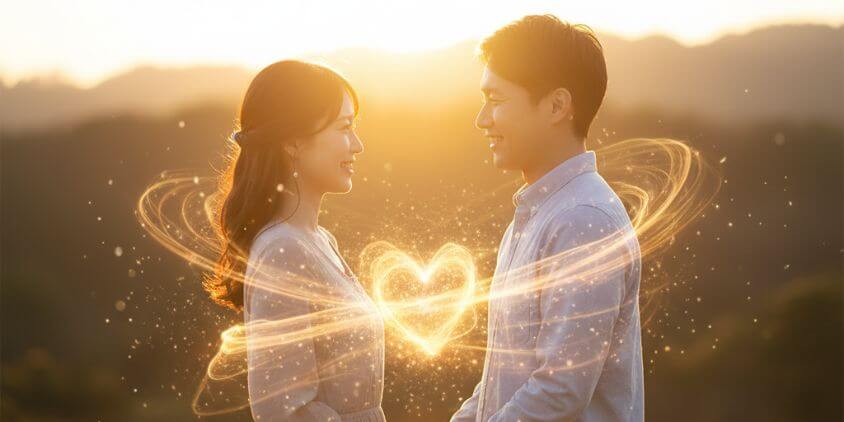 ツインレイの統合完了とシンクロニシティを表す魂の繋がりのイメージ