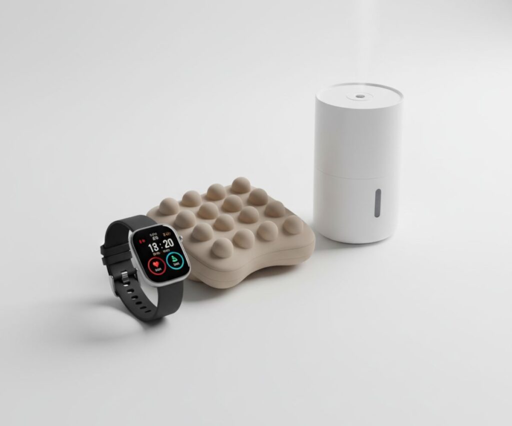 スマートウォッチとマッサージクッションなど50代男性向け健康グッズの配置