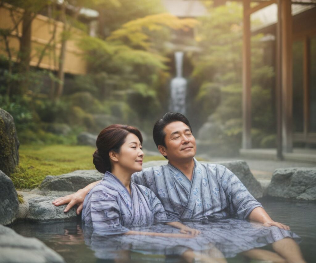 50代夫婦が温泉旅館でゆっくり過ごしている体験ギフトのイメージ