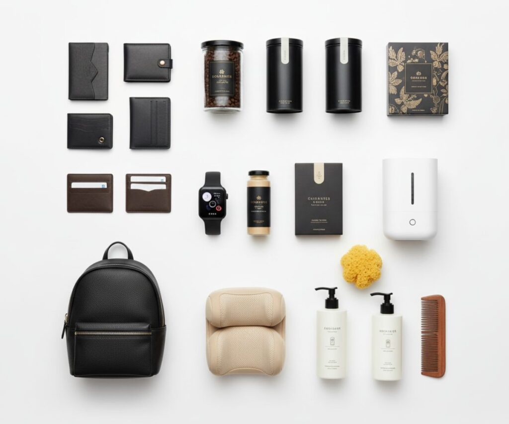 様々な予算帯の50代男性向けプレゼントアイテムが並ぶディスプレイ