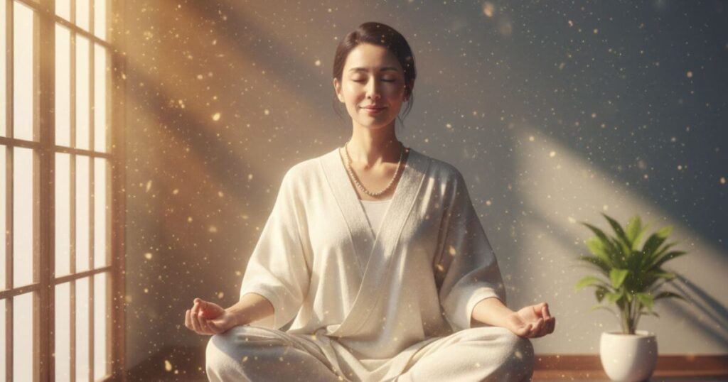 ツインレイの試練を乗り越えるため瞑想する女性、スピリチュアルな成長と魂の浄化を象徴