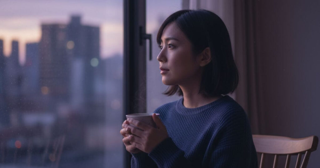 サイレント期間中の孤独と内省、ツインレイとの物理的分離を静かに受け入れる女性