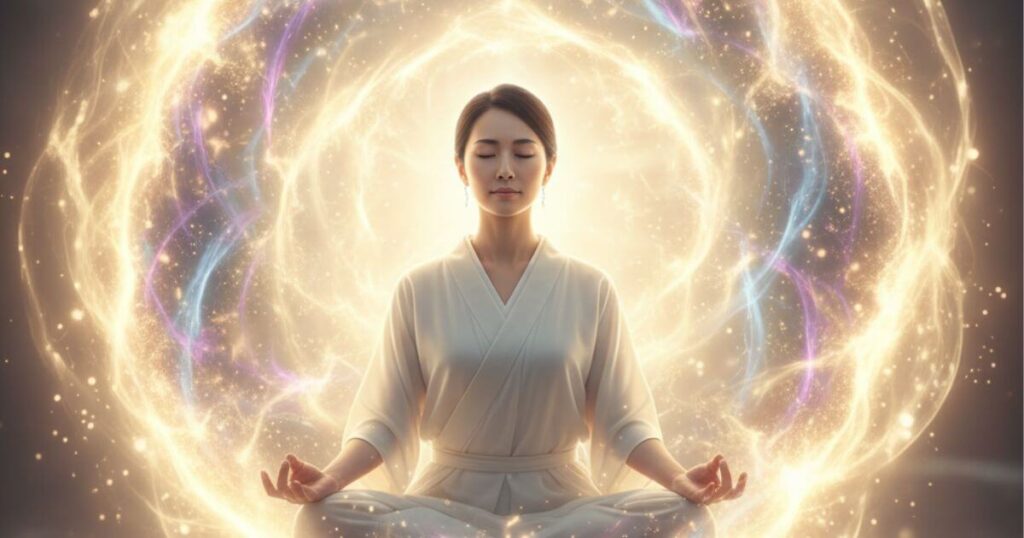 好転反応によるエネルギーの浄化プロセス、古いカルマが光に変わる様子を表現