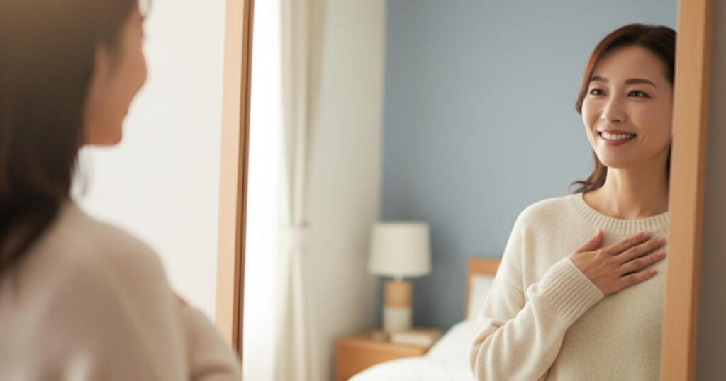 鏡の前で自己肯定する女性、セルフラブと自己受容を実践する様子