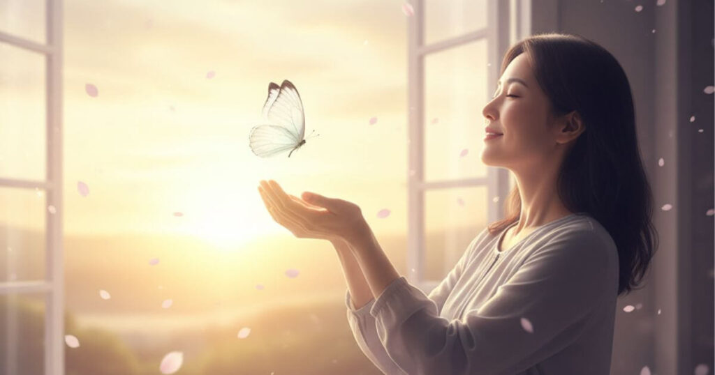 夜明けの窓辺で白い蝶を空に放つ女性、サイレント期間の終わりと新たな始まりを象徴