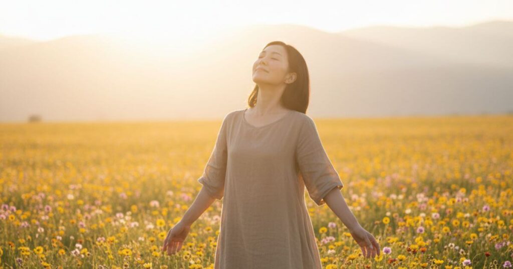 統合に向けた魂の準備が完了し自己充足感に満たされた女性、宇宙との調和