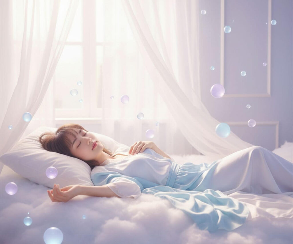 ツインレイの影響で深い眠気に包まれる女性のスピリチュアルな休息シーン