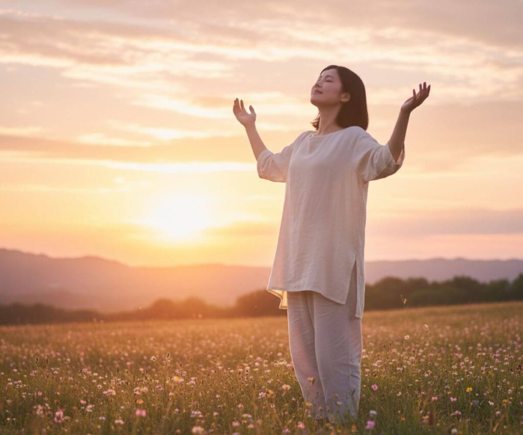 ツインレイの眠気を受け入れて自然と調和する女性の前向きな姿