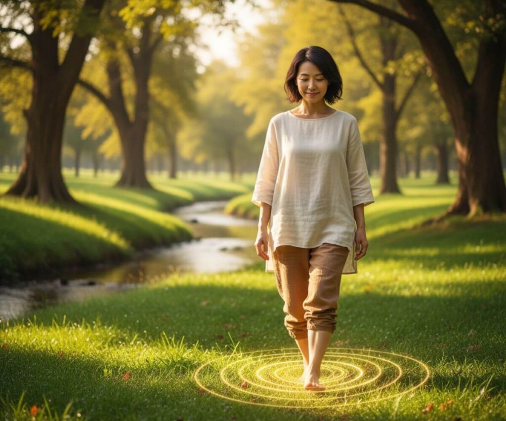 裸足で大地を踏みグラウンディングを実践する女性の癒しの瞬間