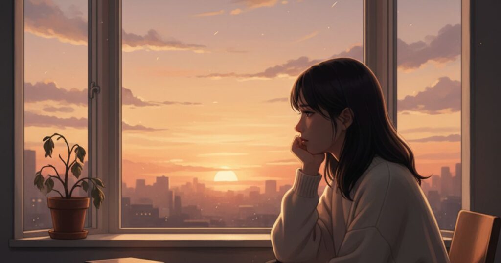 ツインレイとの別れに悩む女性が窓辺で物思いにふける様子