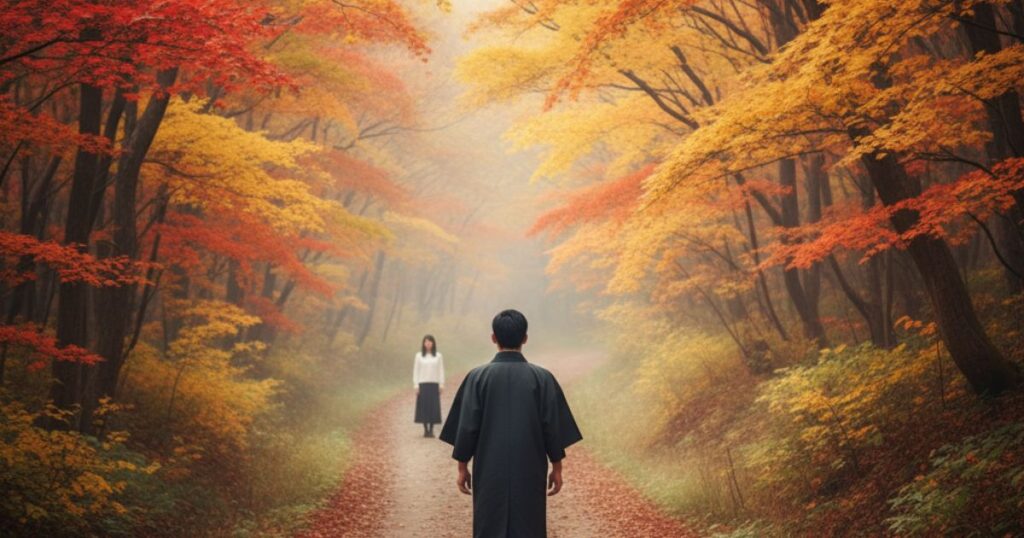 ランナーとチェイサーの関係性を表現した離れていく男性と見守る女性