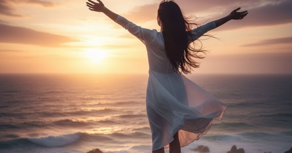 執着を手放し自由を感じる女性が海を見つめる姿