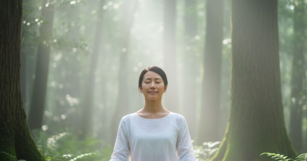 自然の中で自己成長に取り組む女性のヨガと瞑想の様子