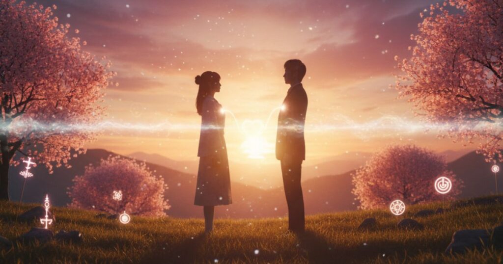 魂の絆で繋がれたツインレイの分離と統合を表現する幻想的なイメージ