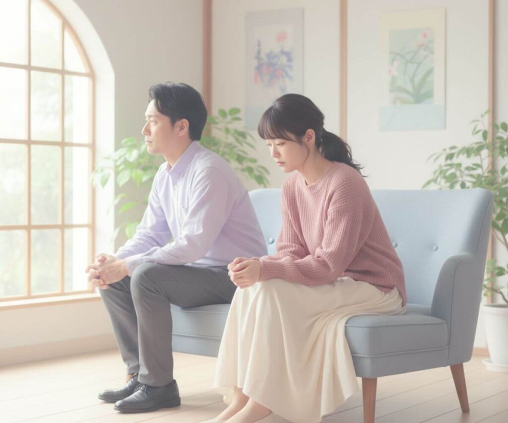 ツインレイのカップルが目を合わせず異なる方向を向いている様子