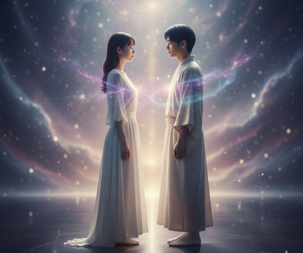 ツインレイ同士の魂のエネルギー交流を表現したスピリチュアルなイメージ