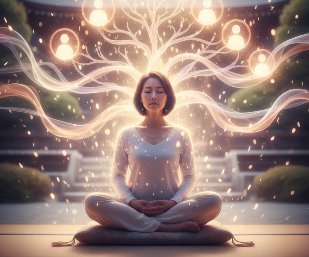 ツインレイと親のカルマの関係を象徴する光に包まれた女性が内省している様子