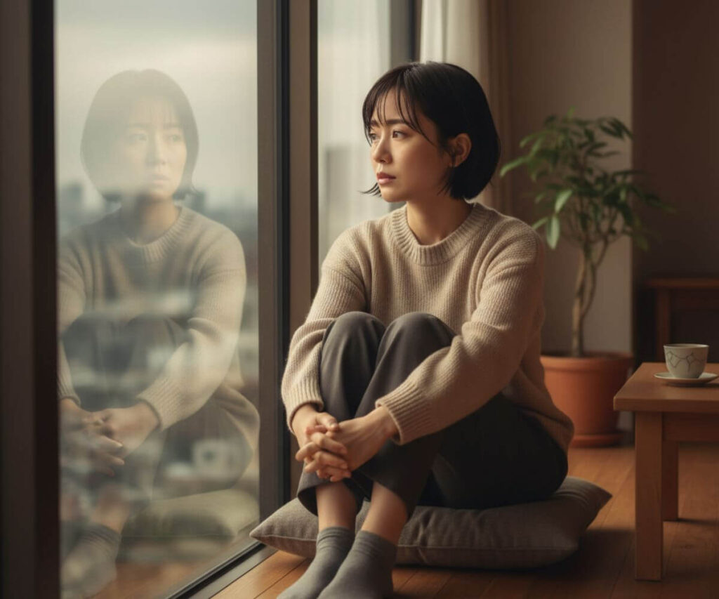 幼少期の傷を抱えるインナーチャイルドを象徴する女性が窓辺で物思いに耽る様子